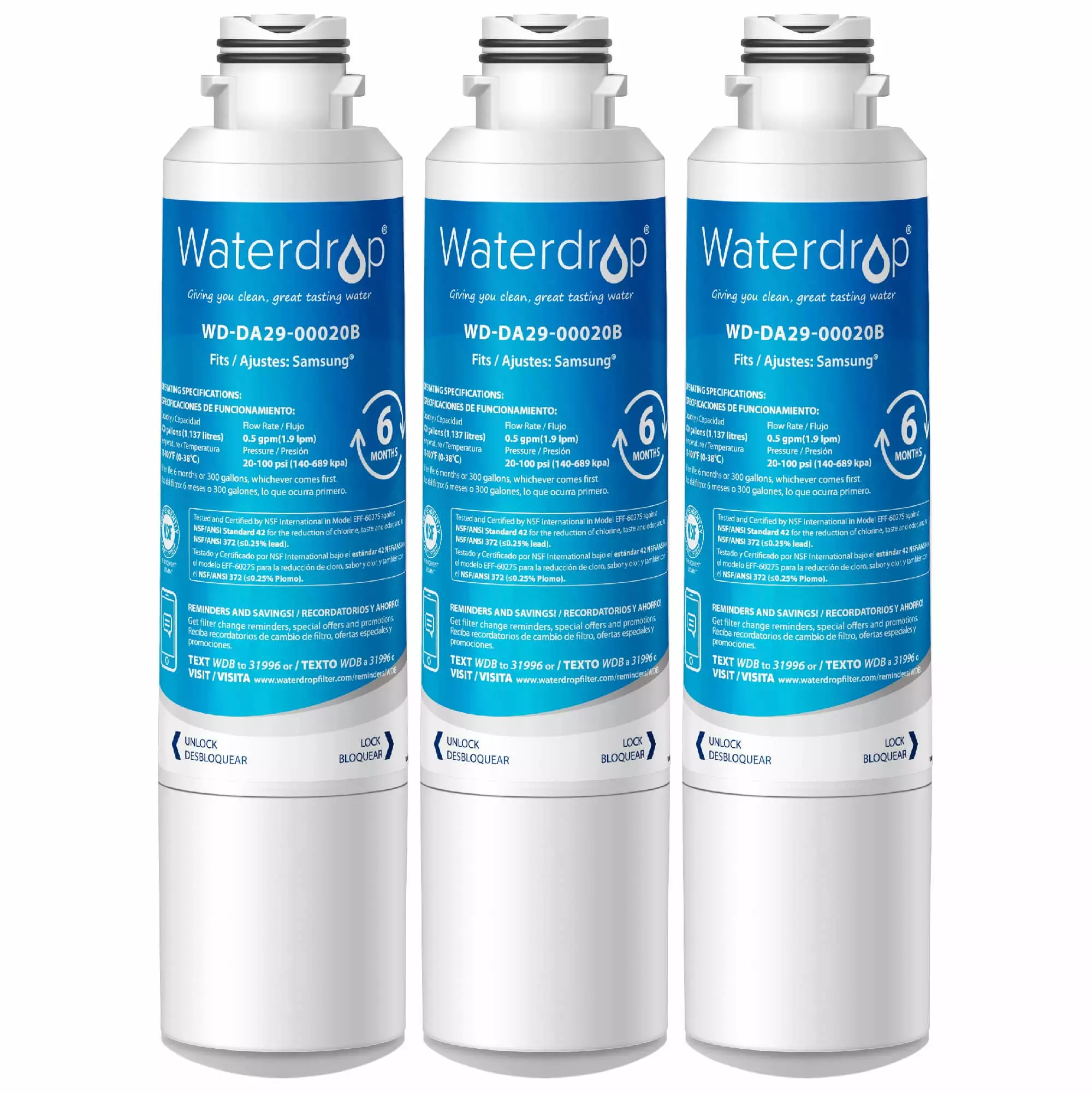 3 Pack Waterdrop DA29-00020B Refrigerator Water Filter. Compatible with Samsung DA29-00020B. DA29-00020A. HAF-CIN/EXP. 46-9101