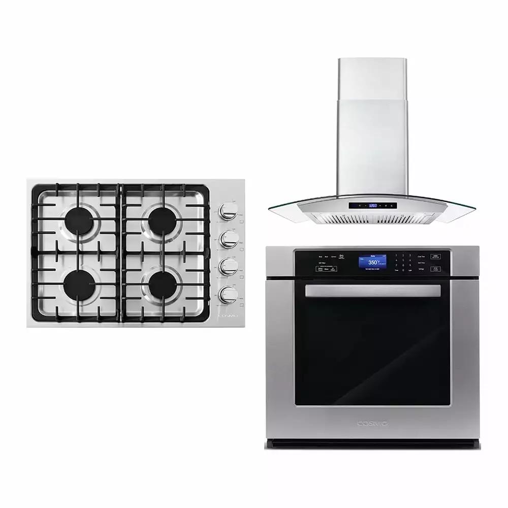 3 Piece Kitchen Package With 30 Gas Cooktop 30 Wall Mount Range Hood 30 Single Electric Wall Oven