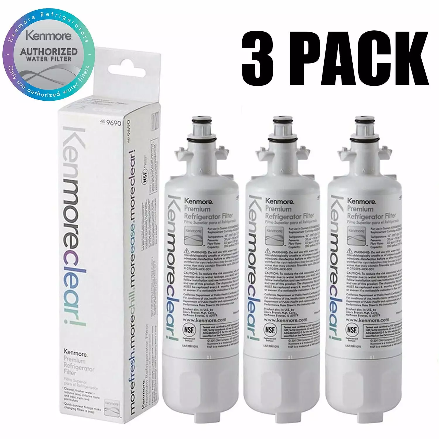 3 pack Compatible with Kenmore 9690. Kenmore 469690 Replacement Refrigerator Water Filter. Clear