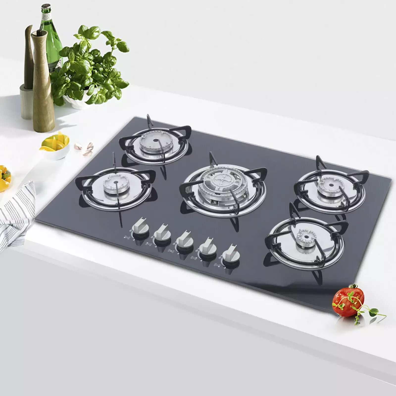 30 Gas Stove Cooktop. 5 Burners Built-in Tempered Glass LPG/NG Stove with Flameout Protection for Kitchen Black