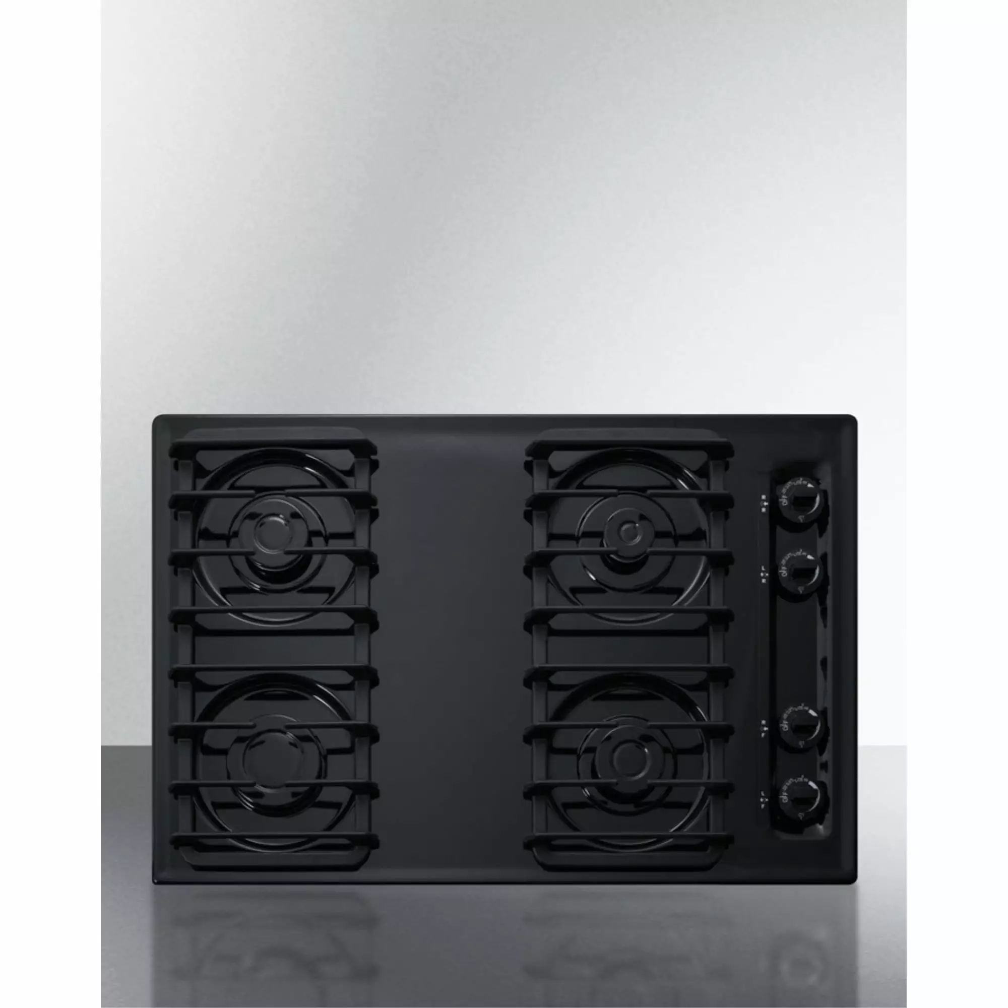 30 wide cooktop with four sealed burners. black porcelain finish. and cast iron grates; made in the USA