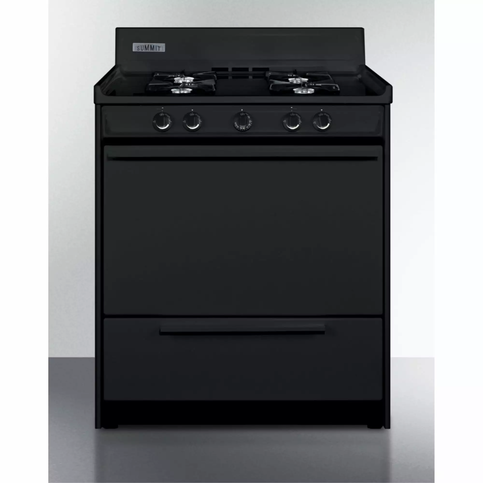 30 wide gas range in black. open burners