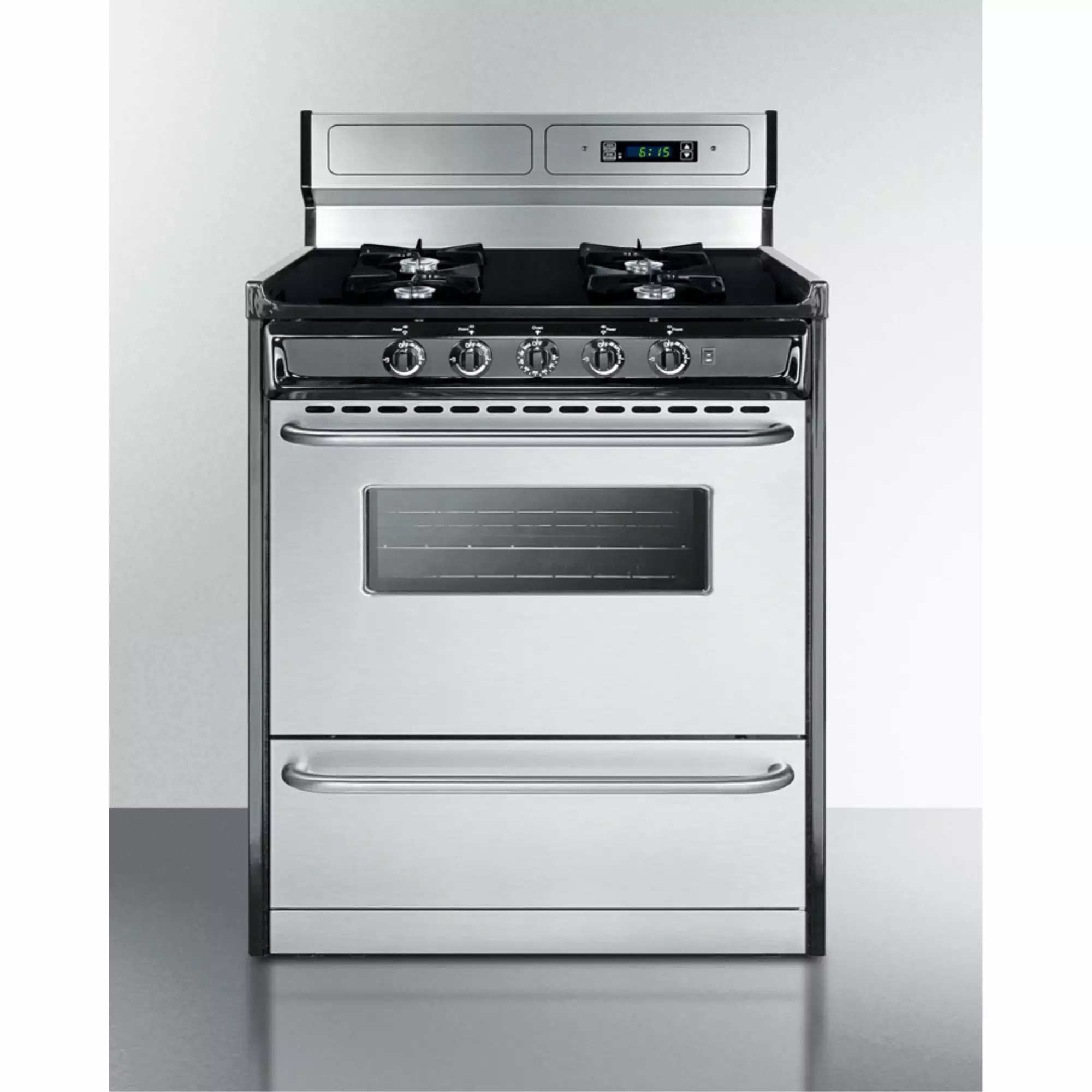 30 wide gas range in stainless steel. open burners and clock/timer on high backguard