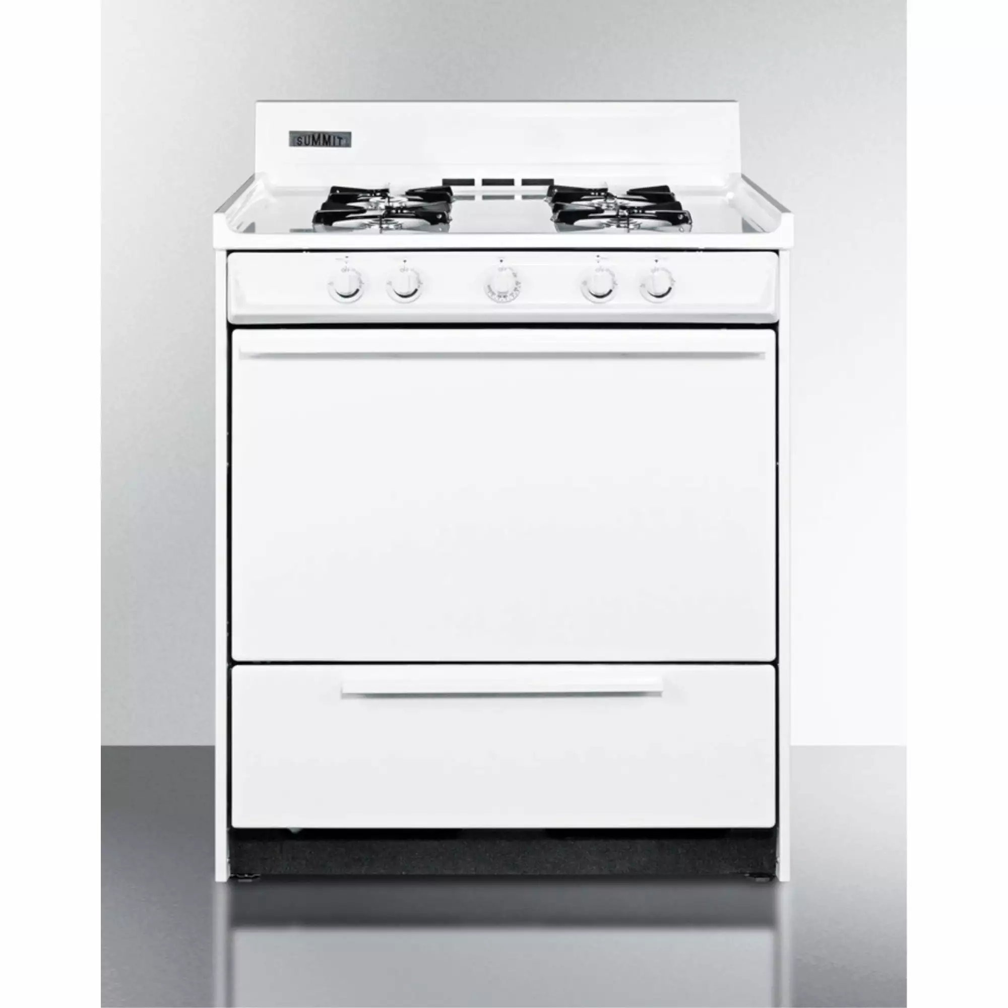 30 wide gas range in white with open burners and spark ignition