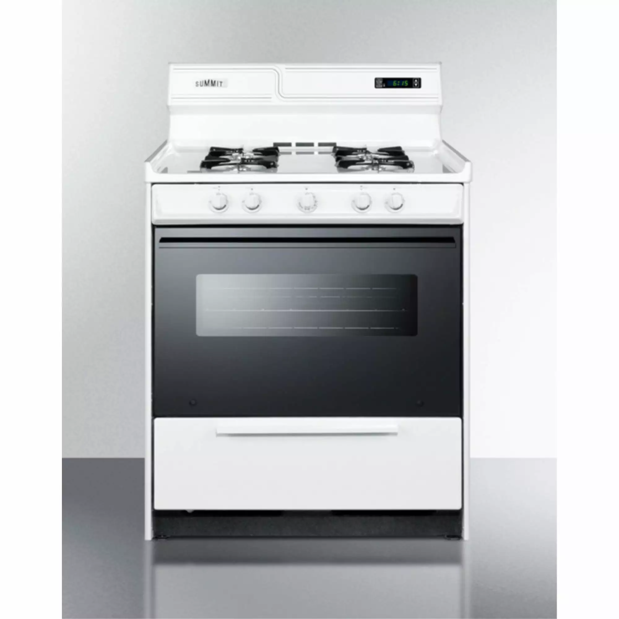 30 wide gas range in white with open burners. black door. oven window. high backguard. and spark ignition