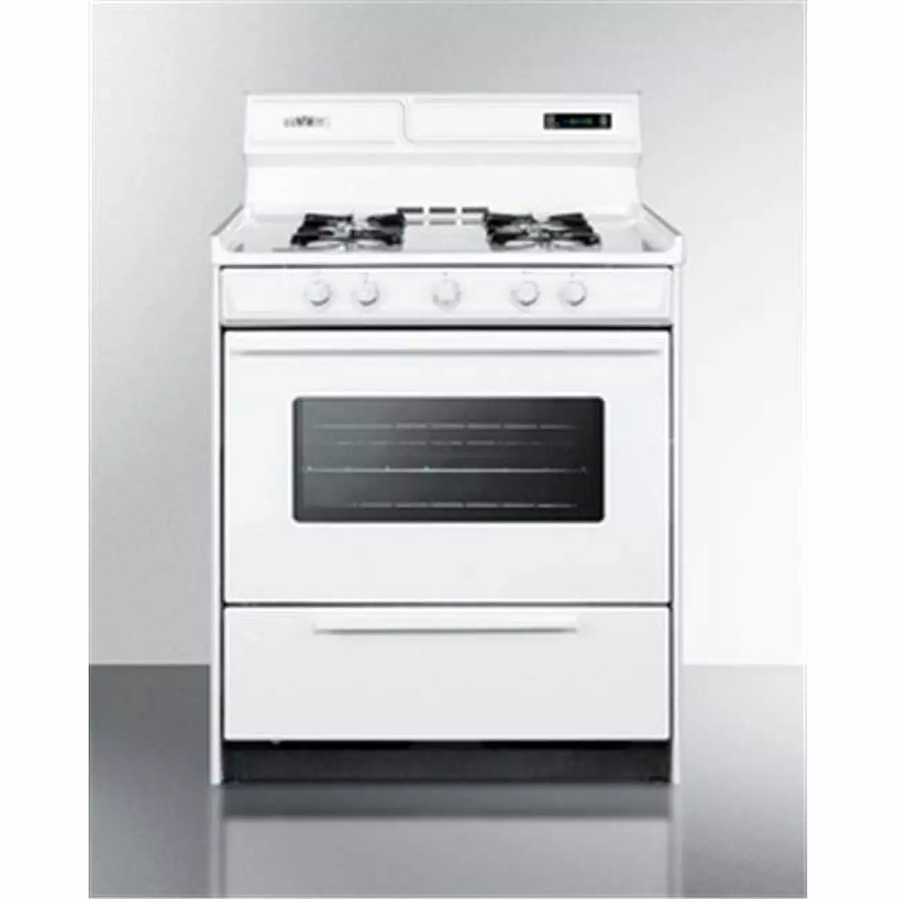 30 wide gas range in white with open burners. oven window. high backguard. and spark ignition