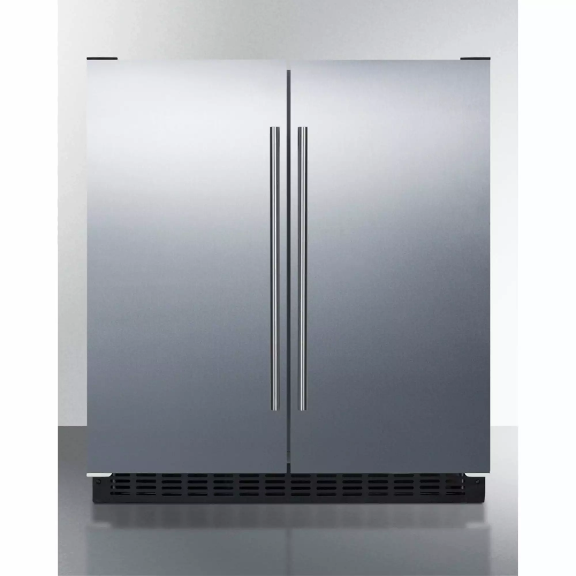 30 wide undercounter frost-free side-by-side refrigerator-freezer in stainless steel with locks. stainless steel handles. and digital controls