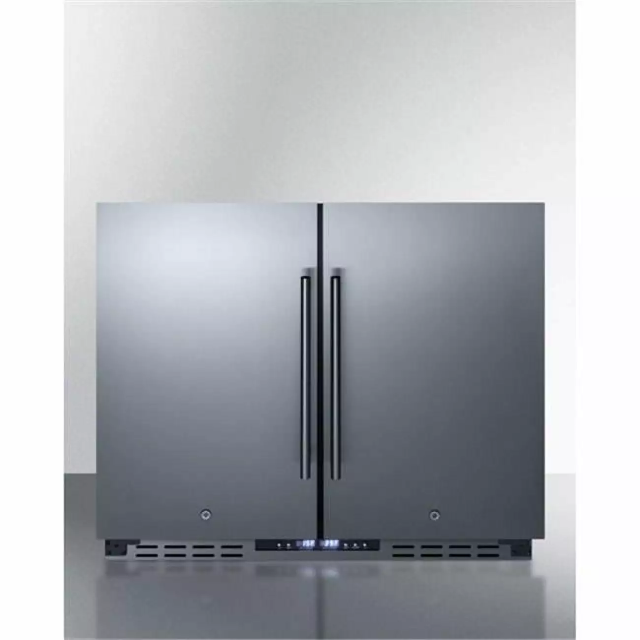 31.5 x 35.5 x 24.25 in. Undercounter Refrigerator-Freezer with Black Cabinet. Stainless Steel