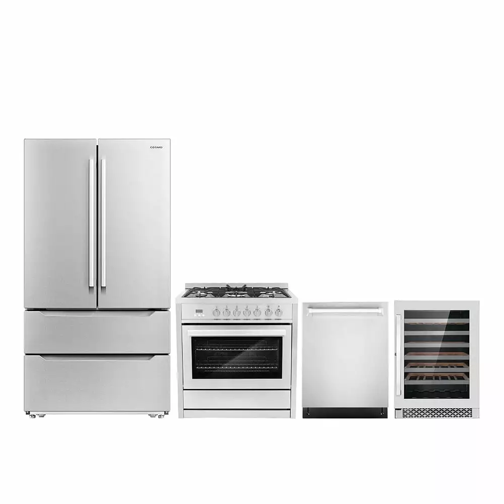 Cosmo 4 Piece Kitchen Appliance Package with 36 Freestanding Gas Range 24 Built-in Integrated Dishwasher French Door Refrigerator & 48 Bottle Freestanding Wine Refrigerator Kitchen Appliance Bundles