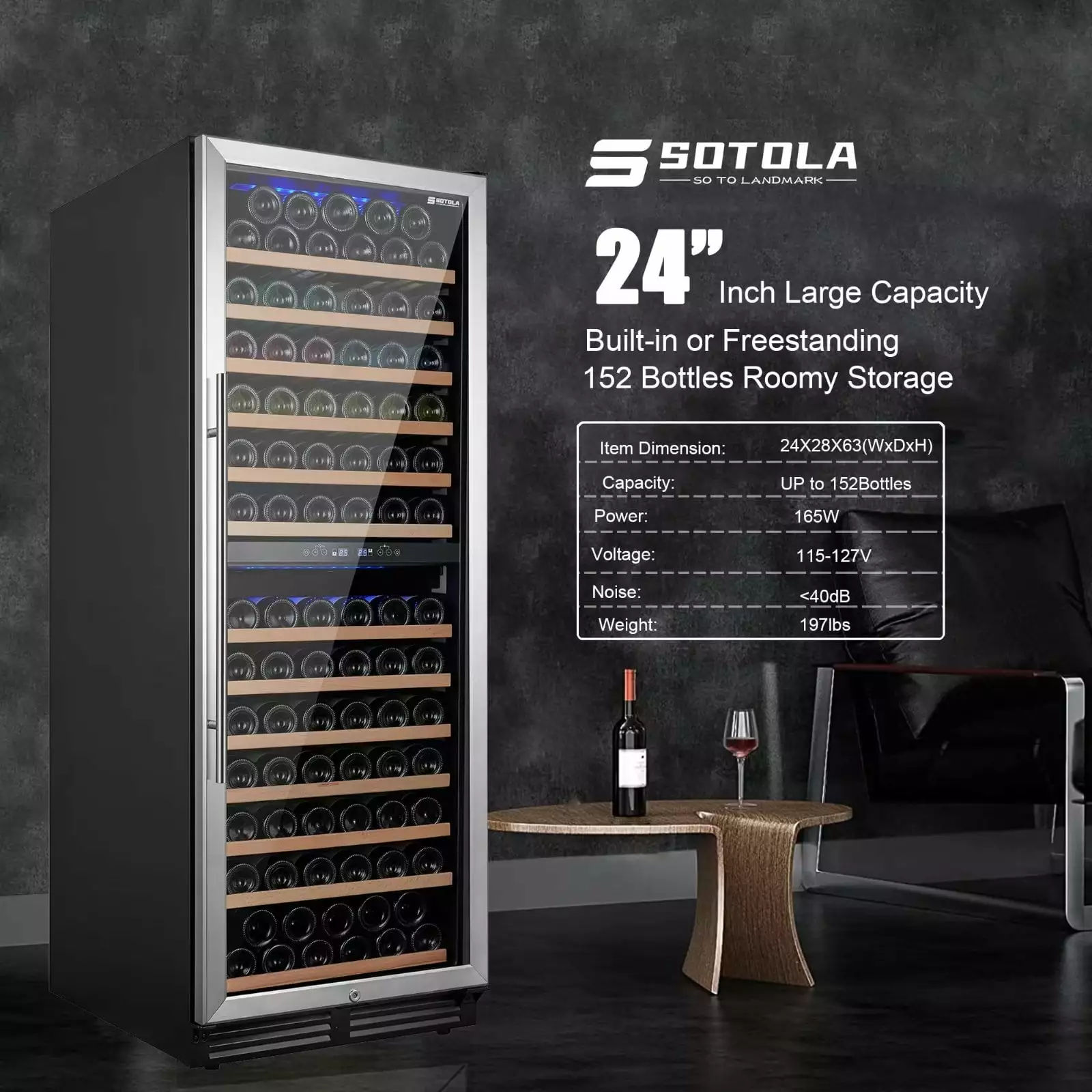 152 Bottles/24 Inch Wine Cooler Refrigerators. Large Capacity Fast Cooling Low Noise Wine Fridge with Digital Temperature Control and 100% Removable Sliding Shelves for Home Office Bar. Black