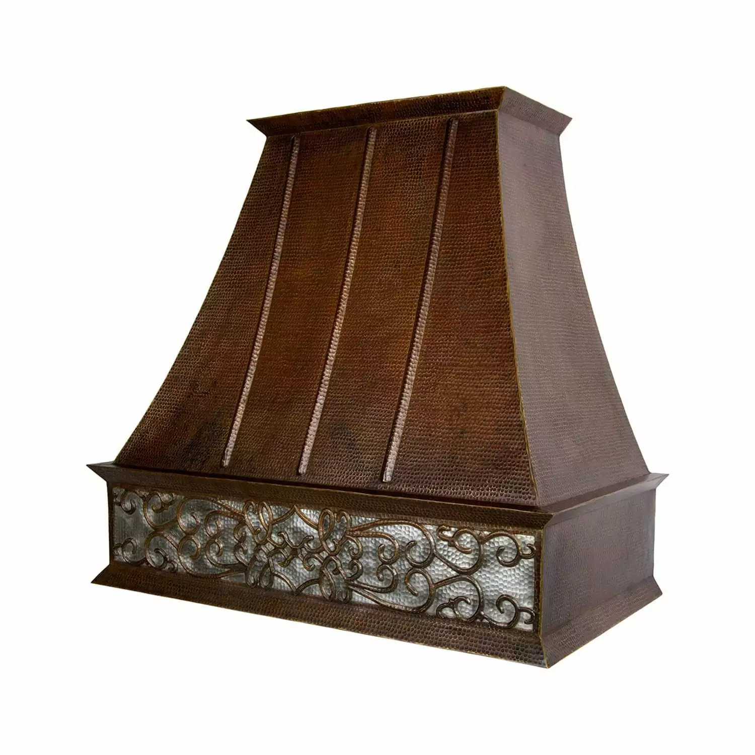 38 Inch 1250 CFM Hammered Copper Wall Mounted Euro Range Hood with Nickel Background Scroll Design and Slim Baffle Filters