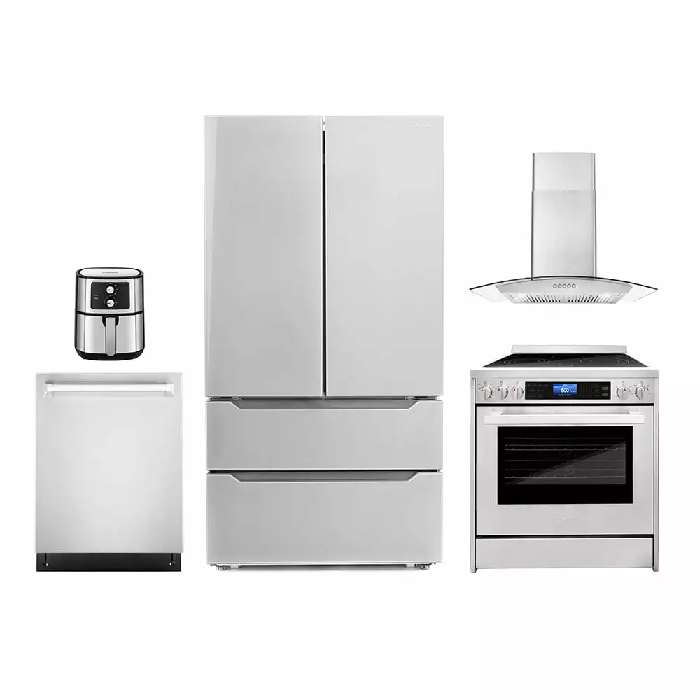 5 Piece Kitchen Package with 30 Freestanding Electric Range 30 Wall Mount Range Hood 24 Built-in Fully Integrated Dishwasher French Door Refrigerator & 5.5L Electric Hot Air Fryer