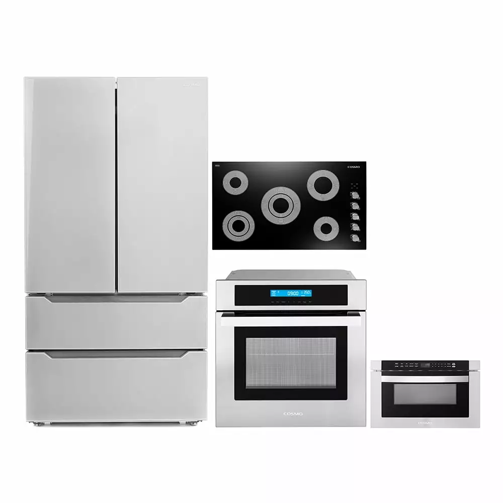 Cosmo 4 Piece Kitchen Appliance Package 36 Electric Cooktop 24 Single Electric Wall Oven 24 Built-In Microwave Drawer & French Door Refrigerator Kitchen Appliance Bundles