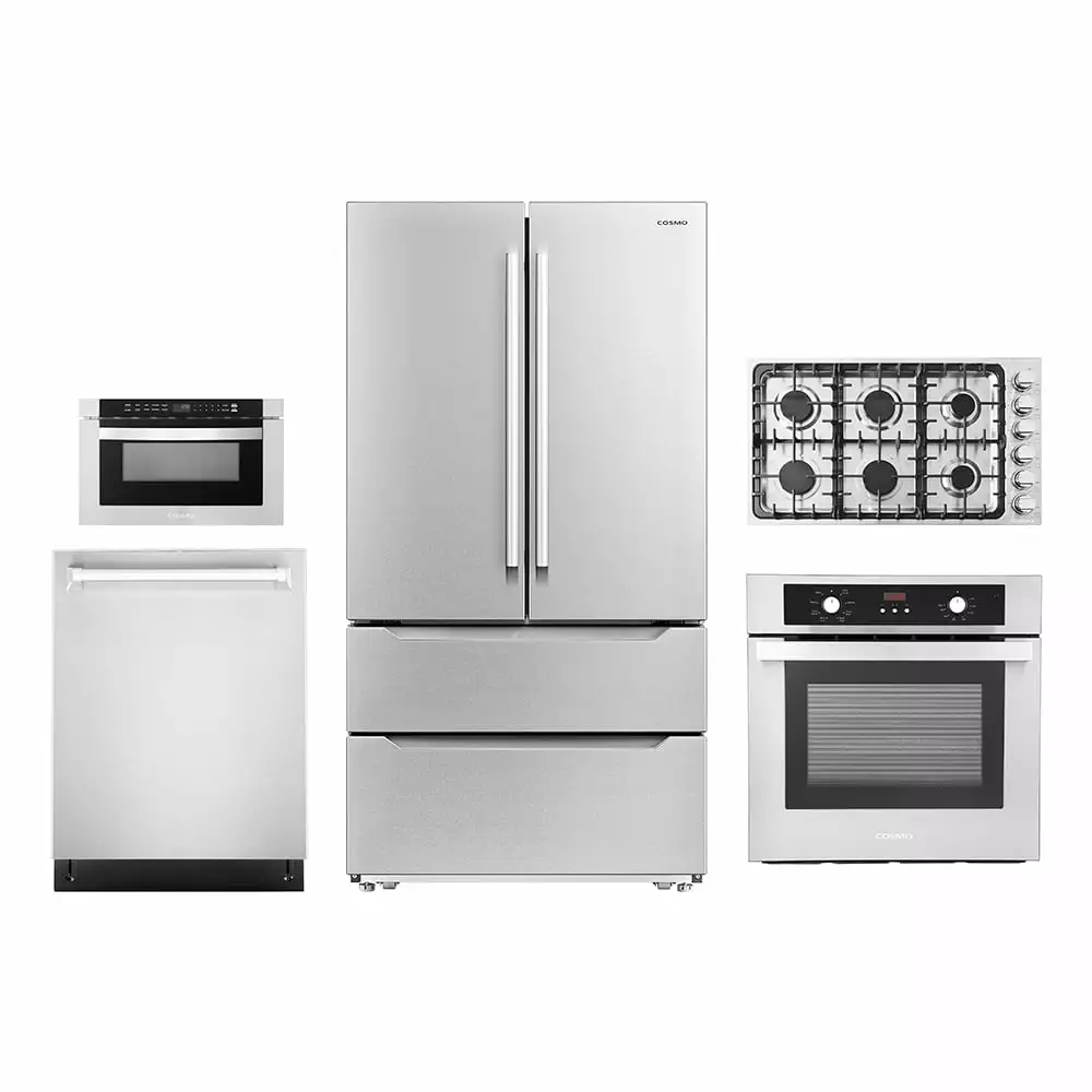 5 Piece Kitchen Package With 36 Gas Cooktop 24 Built-in Fully Integrated Dishwasher 24 Single Electric Wall Oven 24 Built-In Microwave Drawer & French Door Refrigerator