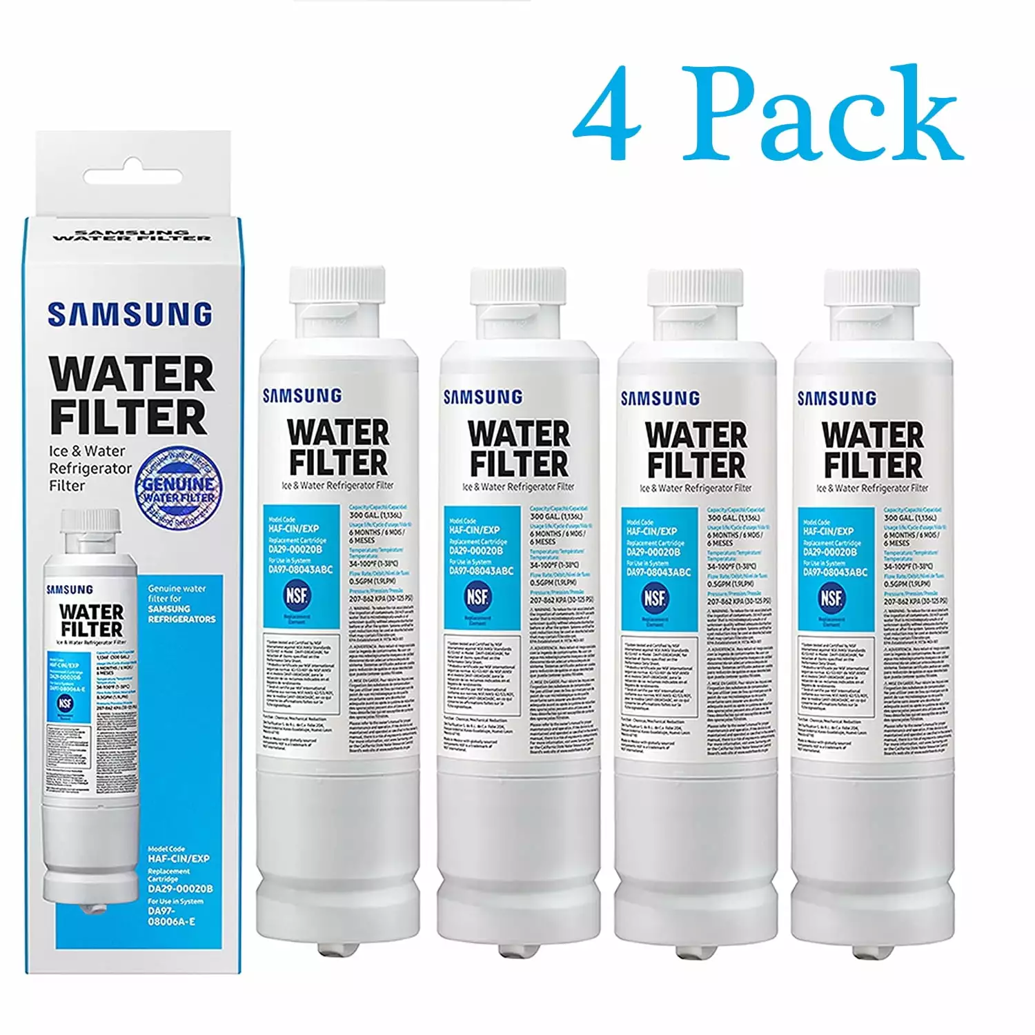 4 Pack Genuine DA29-00020B HAF-CIN/EXP Refrigerator Water Filter Fit for Samsung Refrigerator DA2900020B DA29-00020A DA2900020A FEAT4 Samsung DA29-00020B