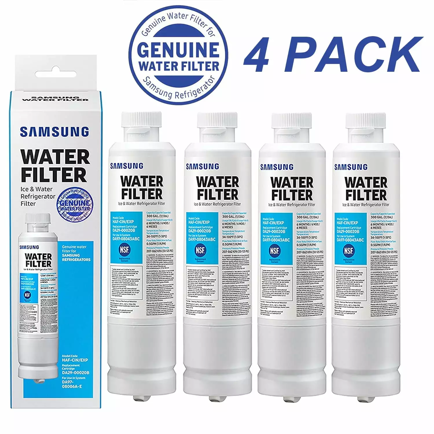 4 Pack Genuine DA29-00020B HAF-CIN/EXP Refrigerator Water Filter Fit for Samsung Refrigerator DA2900020B DA29-00020A DA2900020A FEAT4 Samsung DA29-00020B