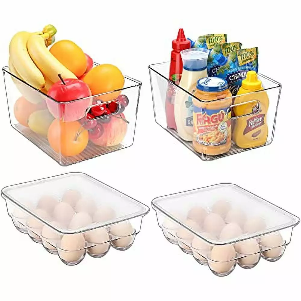 (4 Pack) Puricon Clear Plastic Organizer and Egg Container Tray for Refrigerator. 2 Fridge Storage Box with Handles and 2 Stackable Egg Holder 12 Count with Lids for Fridge Kitchen Cabinet Pantry