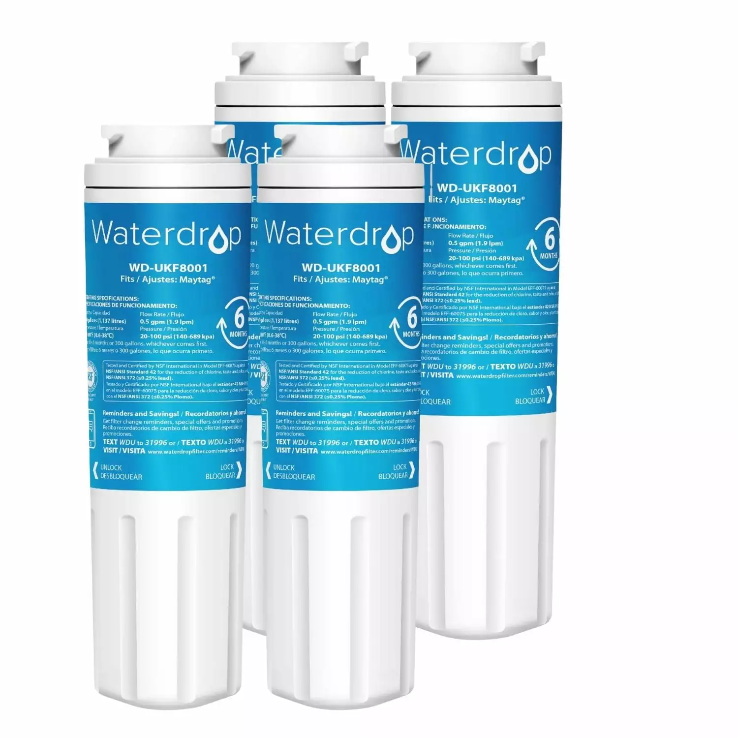 (4 Pack) Waterdrop UKF8001 Replacement for Whirlpool EDR4RXD1. EveryDrop Filter 4. Maytag UKF8001AXX-750. UKF8001AXX-200. 46-9006. Puriclean II. WF-UKF8001