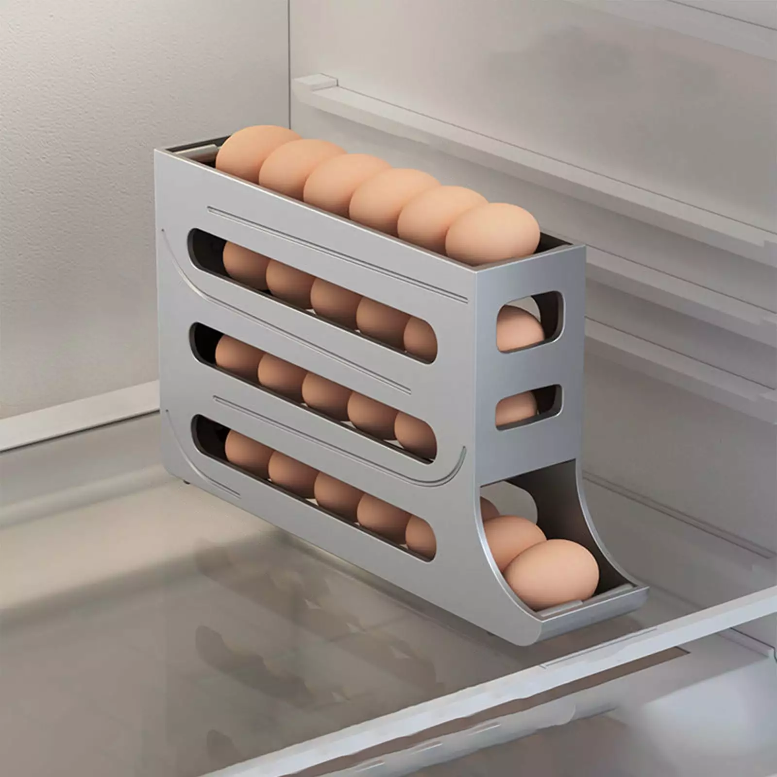 4-Tier Egg Holder Automatic Roll-Down Egg Holder Egg Dispenser Egg Organizer for Refrigerator Egg Storage Container Large Capacity Egg Holder for Fridge and Countertop