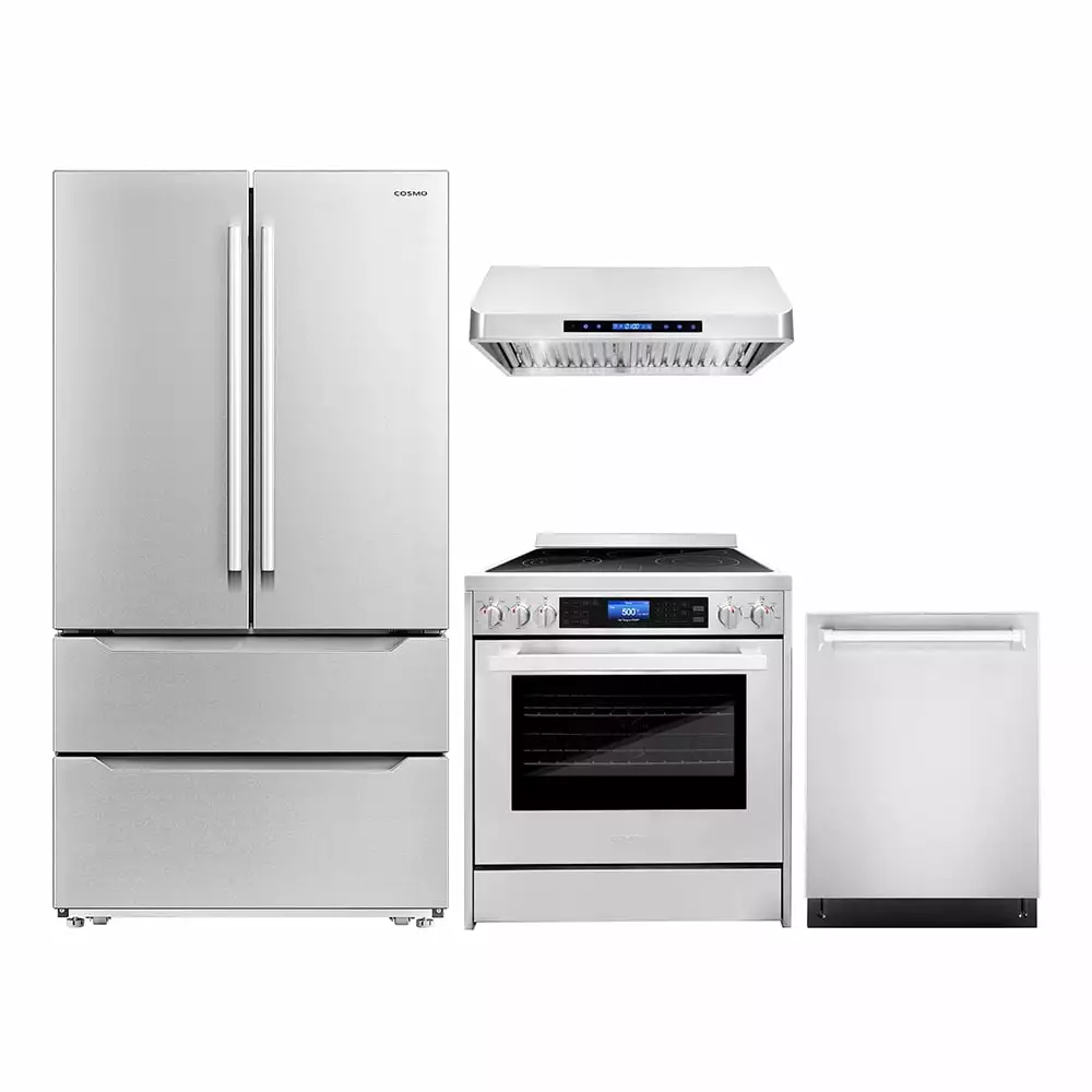 Cosmo 4 Piece Kitchen Appliance Package with 30 Freestanding Electric Range 30 Under Cabinet Hood 24 Built-in Integrated Dishwasher & French Door Refrigerator Kitchen Appliance Bundles