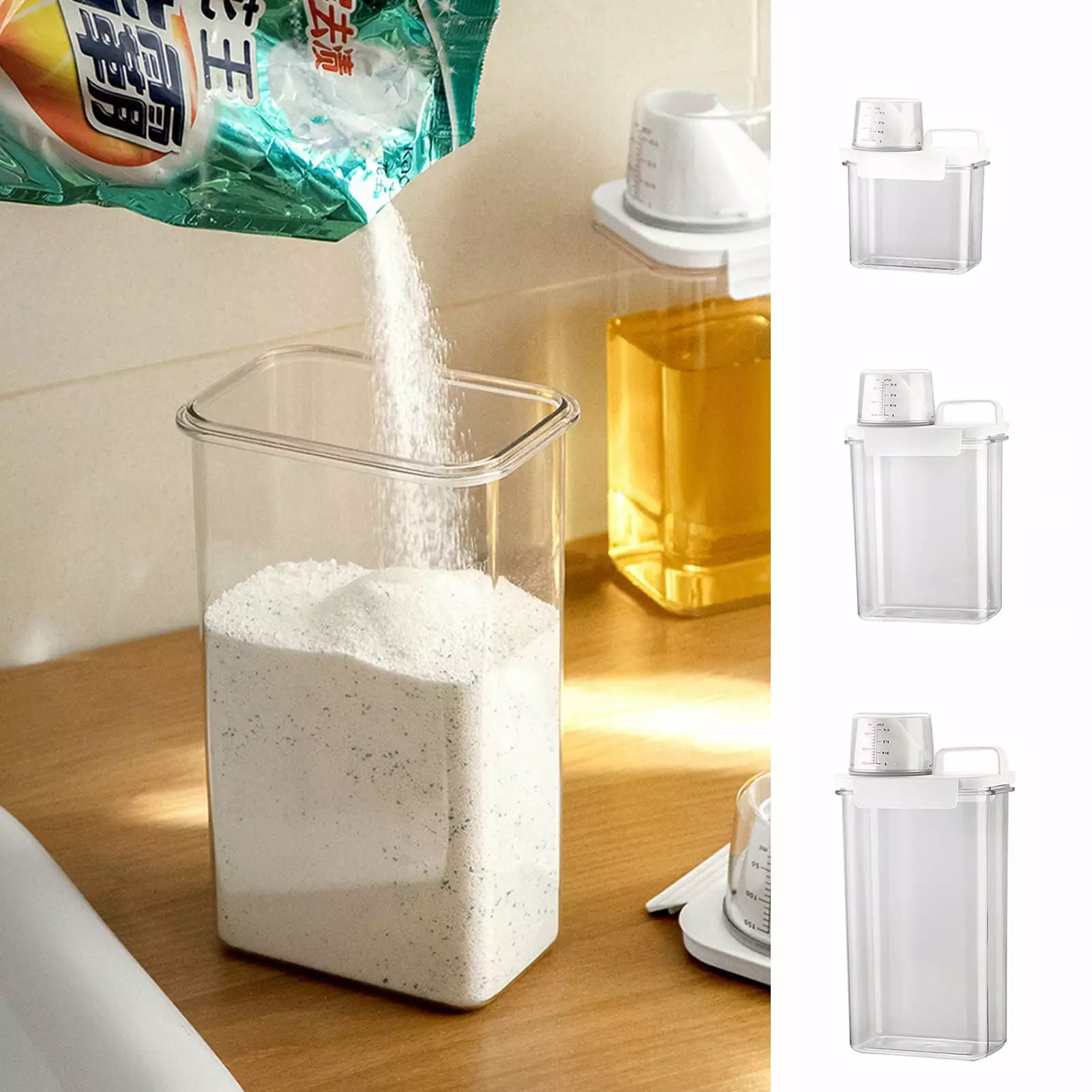 Hesroicy 1100/1800/2300 ML Laundry Powder Box with Measuring Cup Double Seal Type Clothes Washing Detergent Dispenser Daily Use