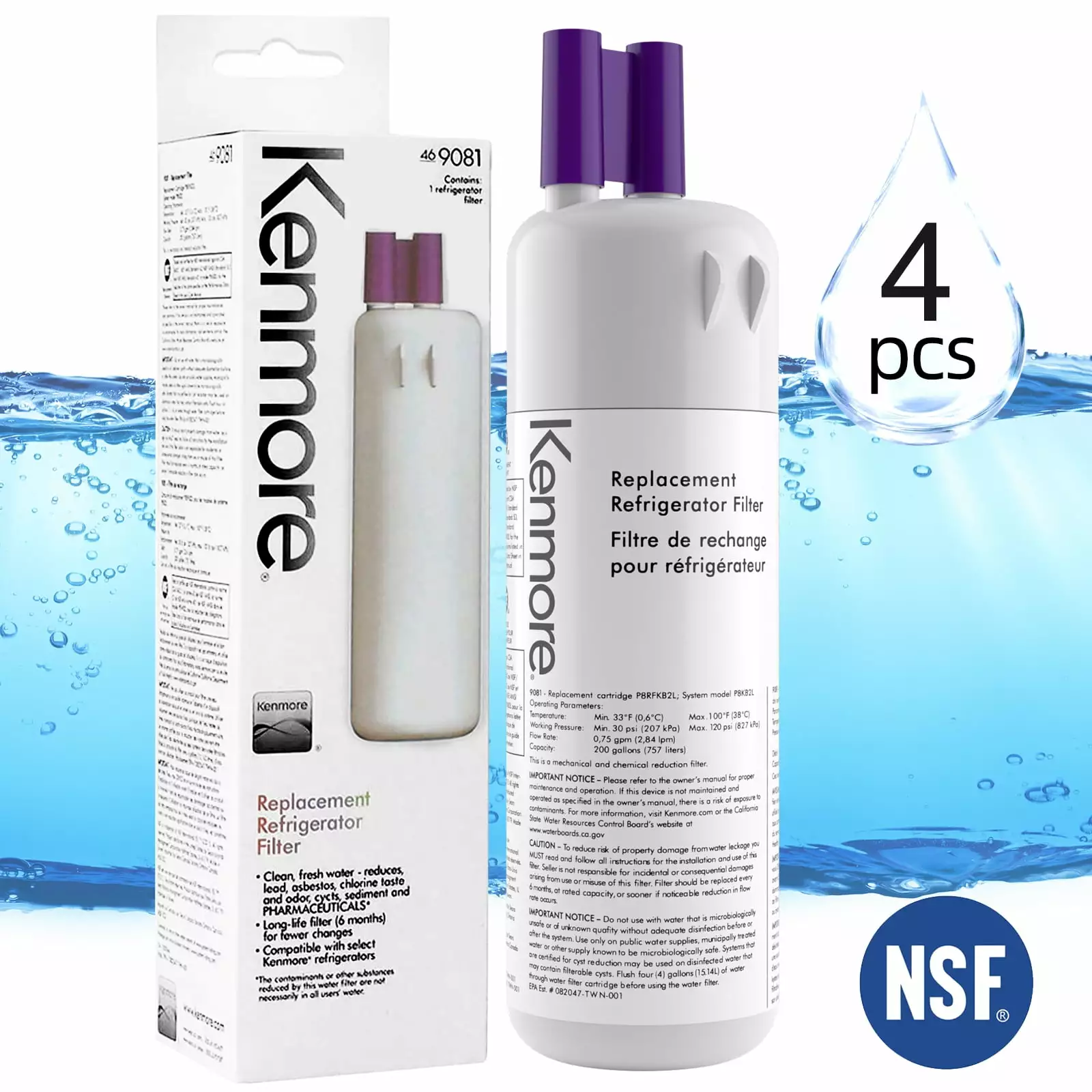 4Pack Kenmore 9081 Refrigerator water filter Replacement.Compatible with Kenmore Water Filter 46-9081 9081 46-9930 9930 Filter