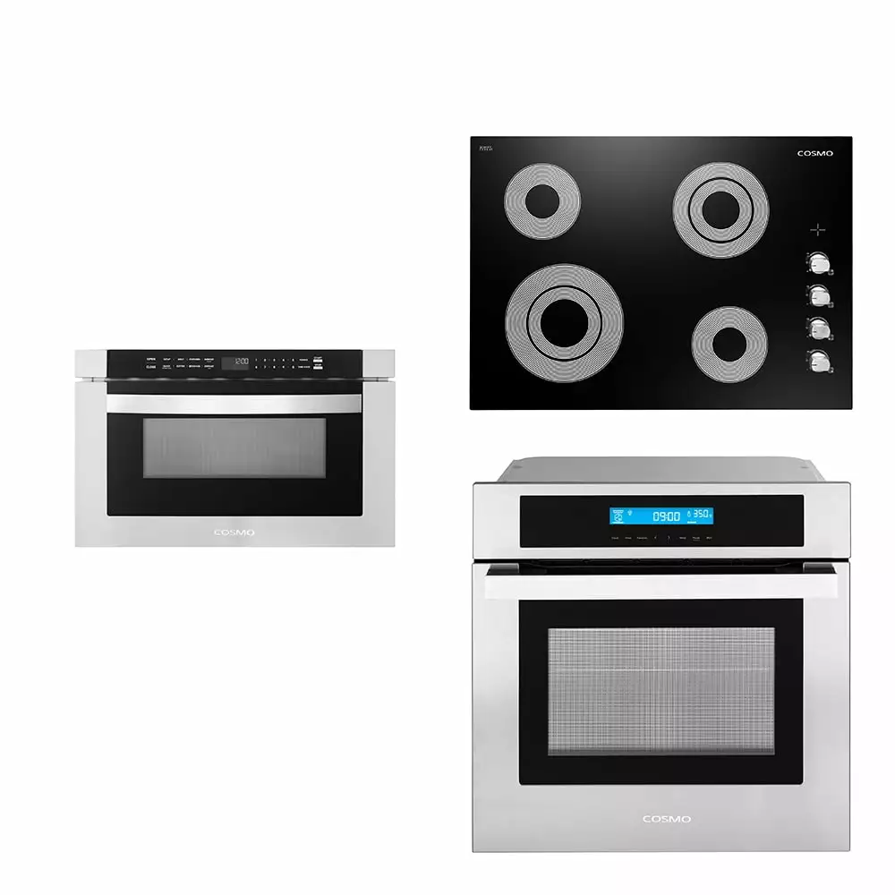 Cosmo 3 Piece Kitchen Appliance Package With 30 Electric Cooktop 24 Built-In Microwave Drawer 24 Single Electric Wall Oven Kitchen Appliance Bundles