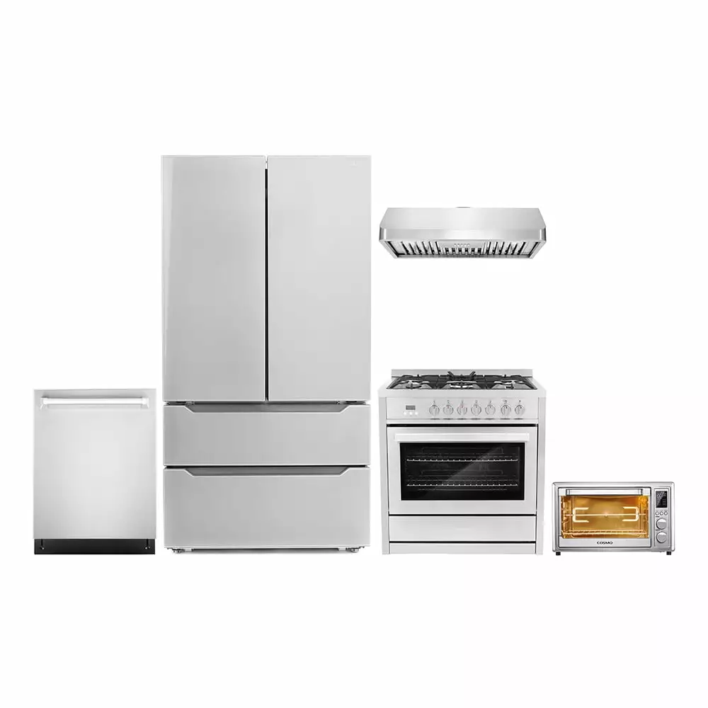 5 Piece Kitchen Package with 36 Freestanding Dual Fuel Range 36 Under Cabinet Range Hood 24 Built-in Fully Integrated Dishwasher French Door Refrigerator & 20 Electric Air Fryer Toaster Oven