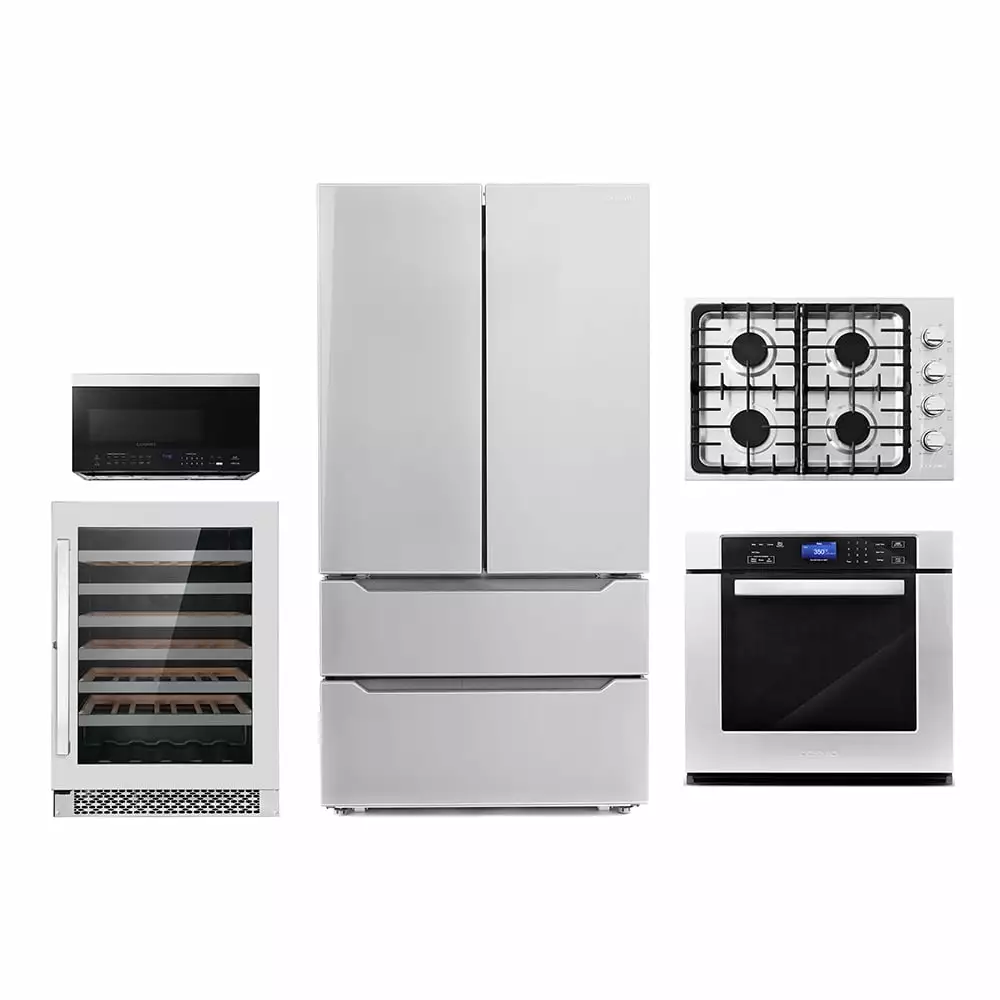 5 Piece Kitchen Package With 30 Gas Cooktop 36 Island Range Hoood 30 Single Electric Wall Oven 30 Over-the-range Microwave & French Door Refrigerator