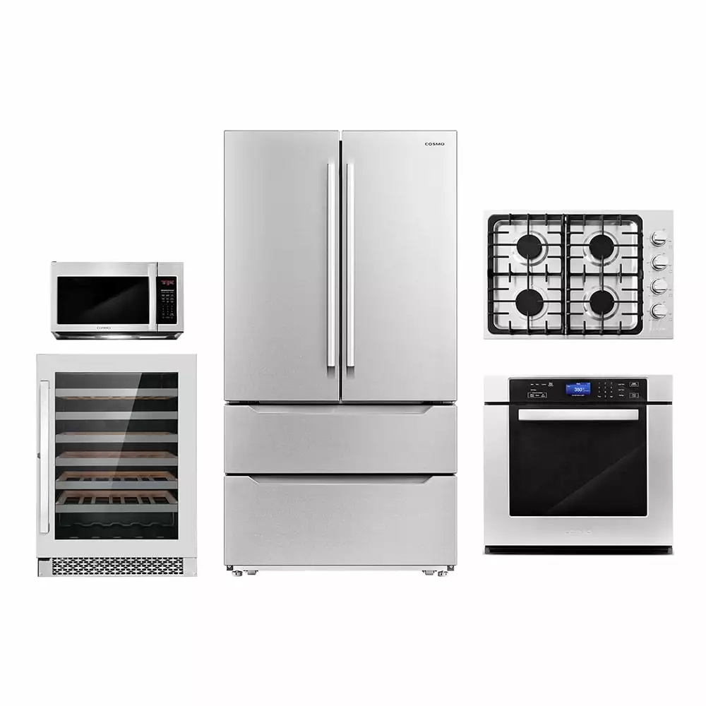 5 Piece Kitchen Package With 36 Gas Cooktop 36 Wall Mount Range Hood 30 Single Electric Wall Oven 30 Over-the-range Microwave & French Door Refrigerator