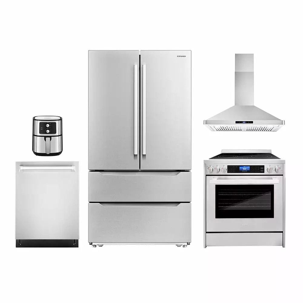 5 Piece Kitchen Package with 30 Freestanding Electric Range 30 Wall Mount Range Hood 24 Built-in Fully Integrated Dishwasher French Door Refrigerator & 5.5L Electric Hot Air Fryer