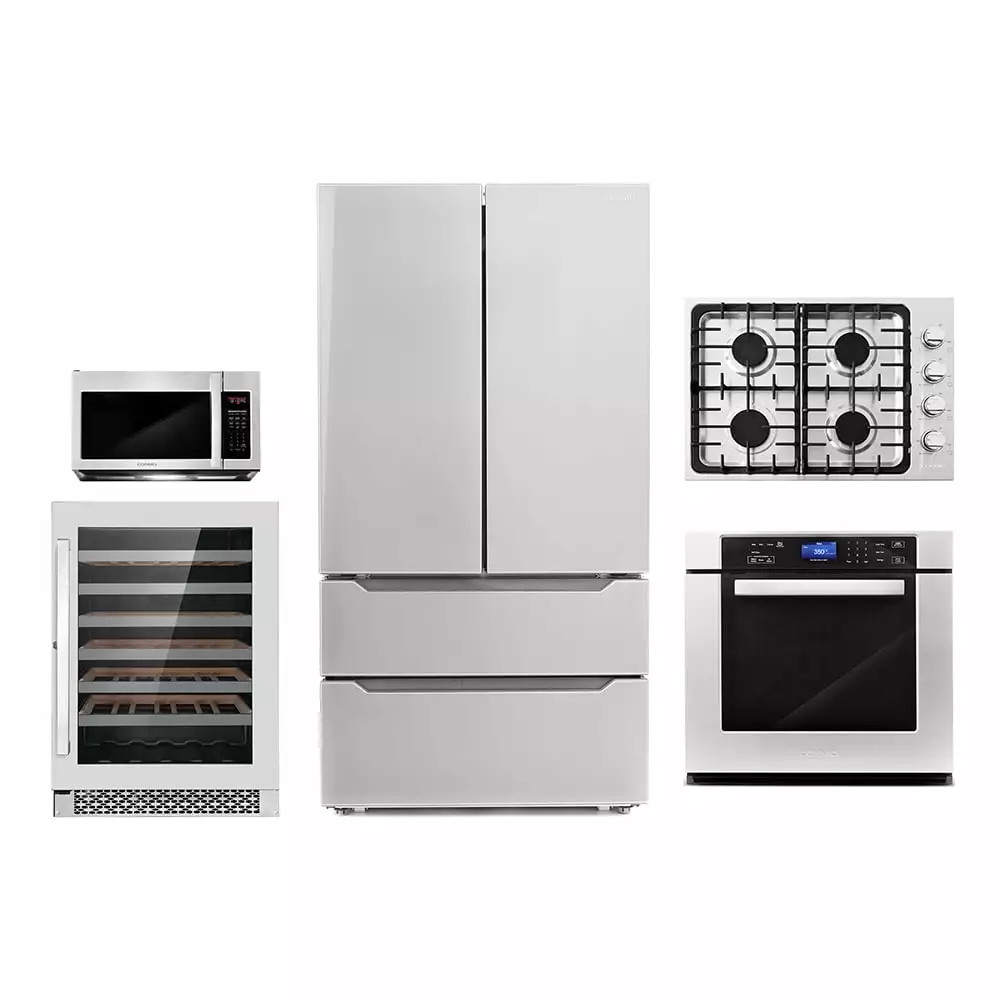 5 Piece Kitchen Package With 30 Gas Cooktop 36 Wall Mount Range Hood 30 Single Electric Wall Oven 30 Over-the-range Microwave & French Door Refrigerator