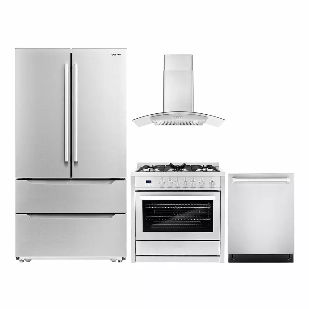 Cosmo 4 Piece Kitchen Appliance Package with 36 Freestanding Gas Range 36 Wall Mount Range Hood 24 Built-in Integrated Dishwasher & French Door Refrigerator Kitchen Appliance Bundles