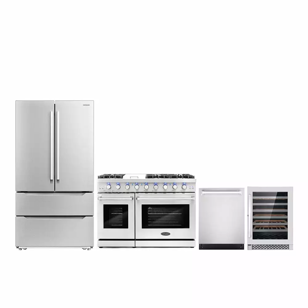 Cosmo 4 Piece Kitchen Appliance Package with 48 Freestanding Gas Range 24 Built-in Integrated Dishwasher French Door Refrigerator & 48 Bottle Freestanding Wine Refrigerator Kitchen Appliance Bundles