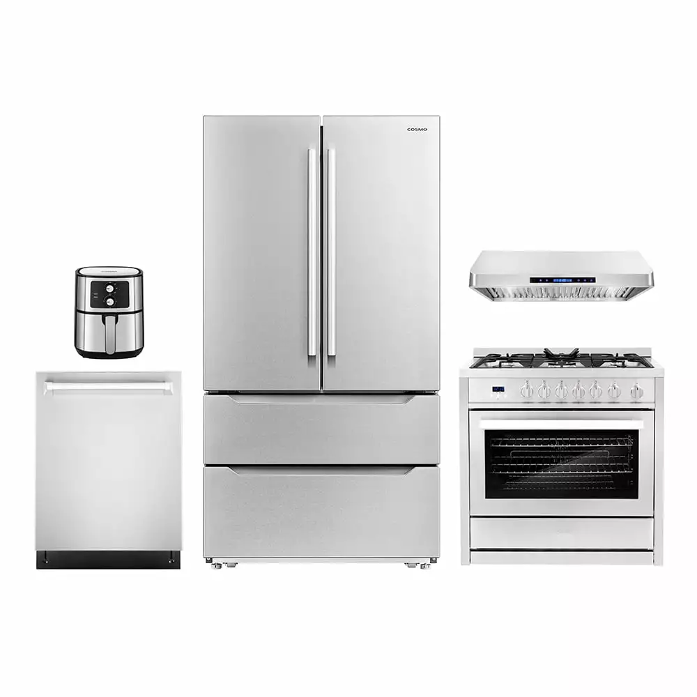 5 Piece Kitchen Package with 36 Freestanding Gas Range 36 Under Cabinet Range Hood 24 Built-in Fully Integrated Dishwasher French Door Refrigerator & 5.5L Electric Hot Air Fryer