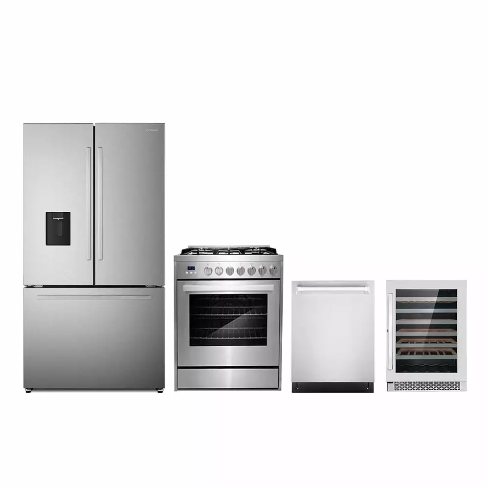 4 Piece Kitchen Package with 30 Freestanding Gas Range 24 Built-in Fully Integrated Dishwasher French Door Refrigerator & 48 Bottle Freestanding Wine Refrigerator