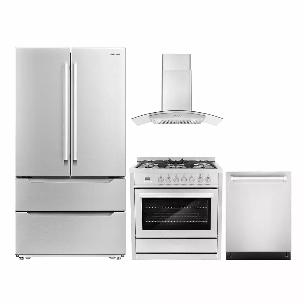 Cosmo 4 Piece Kitchen Appliance Package with 36 Freestanding Dual Fuel Range 36 Wall Mount Range Hood 24 Built-in Integrated Dishwasher & French Door Refrigerator Kitchen Appliance Bundles