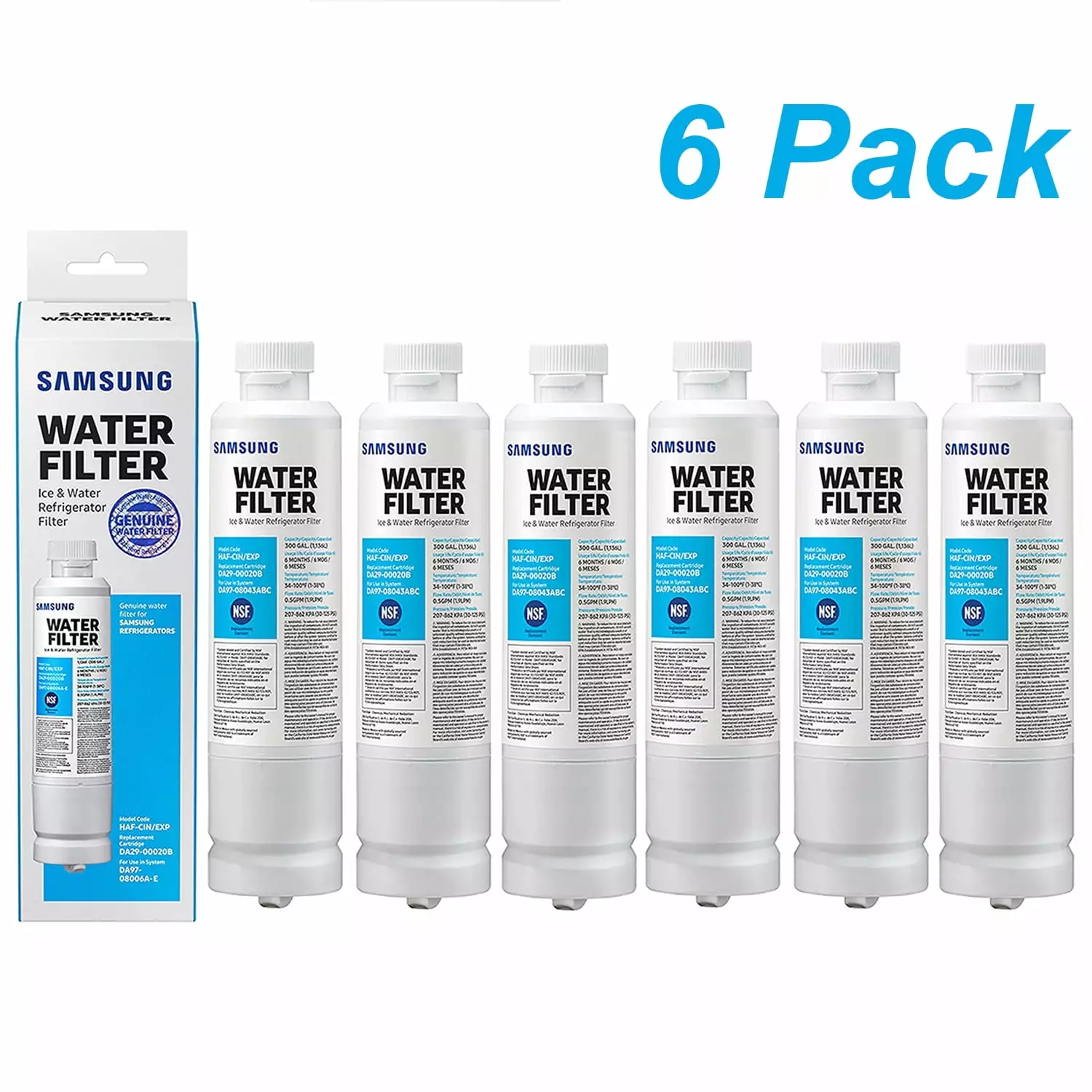 6 Pack DA29-00020B HAF-CIN/EXP Refrigerator Water Filter. Compatible with Samsung Refrigerator Water Filter