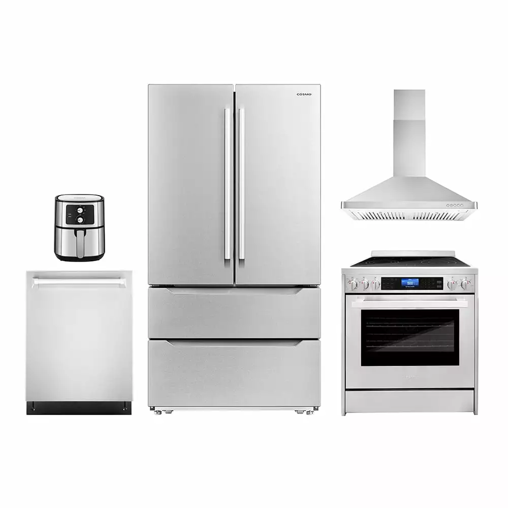 5 Piece Kitchen Package with 30 Freestanding Electric Range 30 Wall Mount Range Hood 24 Built-in Fully Integrated Dishwasher French Door Refrigerator & 5.5L Electric Hot Air Fryer