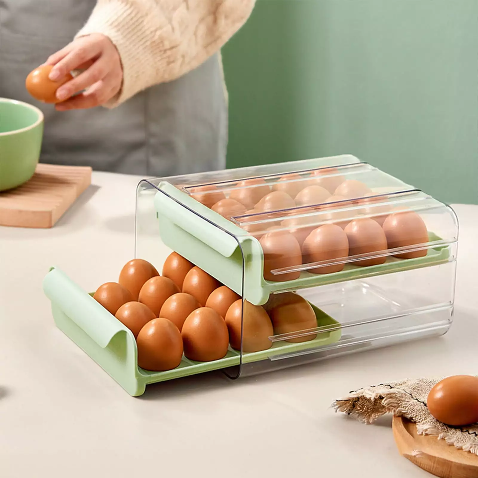 Yyeselk Totally Double Layer Kitchen Egg Holder for Refrigerator. Fridge Organizers and Storage Clear. BPA-Free Plastic Storage Containers with Lid & Handles. 32 Eggs Tray Bins