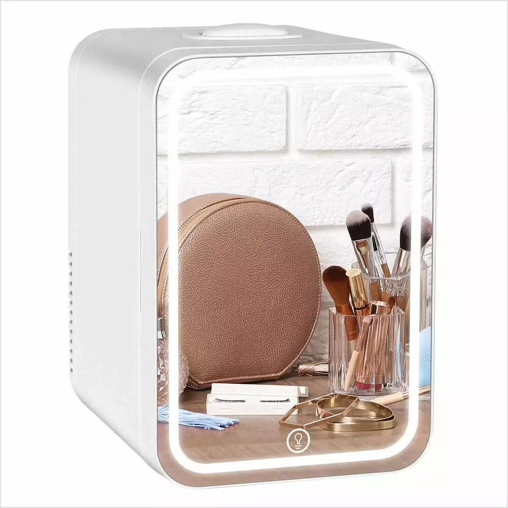 6L Mini FRiddge with Dimmable LED Mirror Cooler & Warmer for Refrigerating Makeup