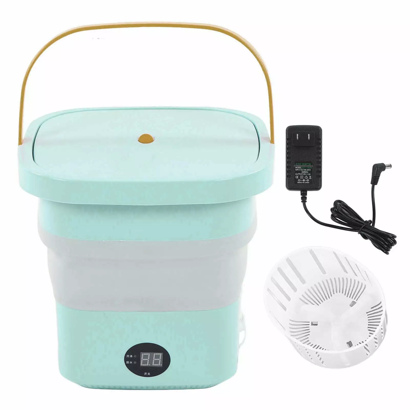 6L Portable Foldable Automatic Washing Machine with LCD Panel - Mini Bucket Washer for RV Travel Apartment - Green US Plug (100-240V)