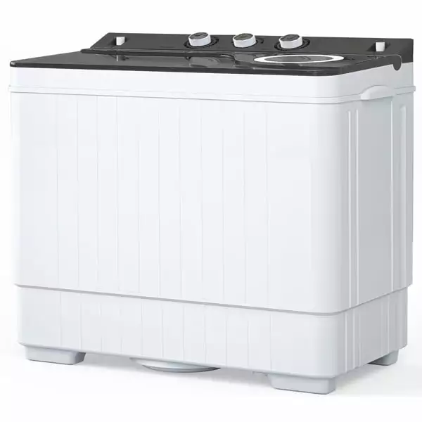 Fithood Twin Tub with Built-in Drain Pump XPB65-2288S 26Lbs Semi-automatic Twin Tube Washing Machine for Apartment. Dorms. RVs. Camping and More. White & Grey US Standard