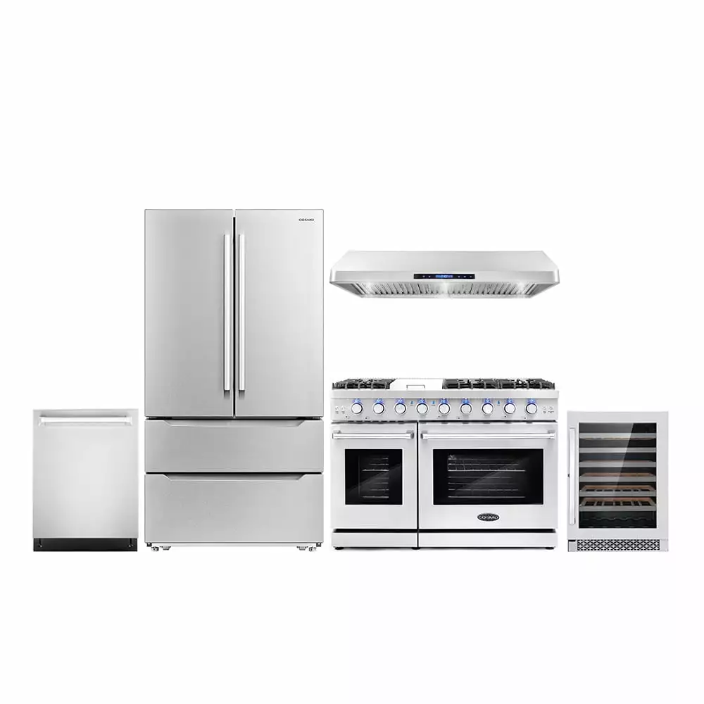 Cosmo 5 Piece Kitchen Appliance Package with 48 Freestanding Gas Range 48 Under Cabinet Mount 24 Built-in Fully Integrated Dishwasher French Door Refrigerator & 48 Bottle Wine Refrigerator