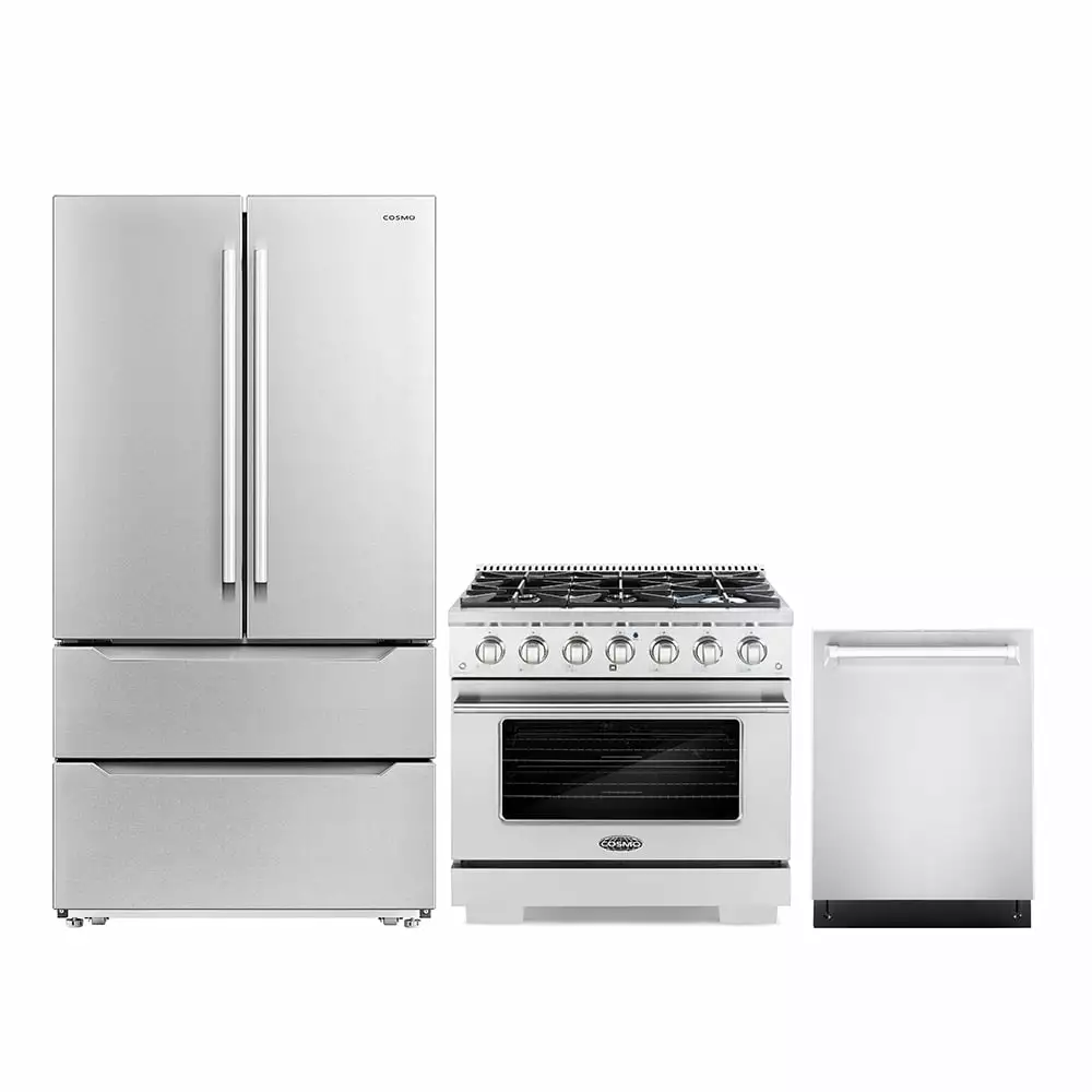 Cosmo 3 Piece Kitchen Appliance Package with 36 Freestanding Gas Range Kitchen Stove 24 Built-in Fully Integrated Dishwasher & French Door Refrigerator Kitchen Appliance Bundles