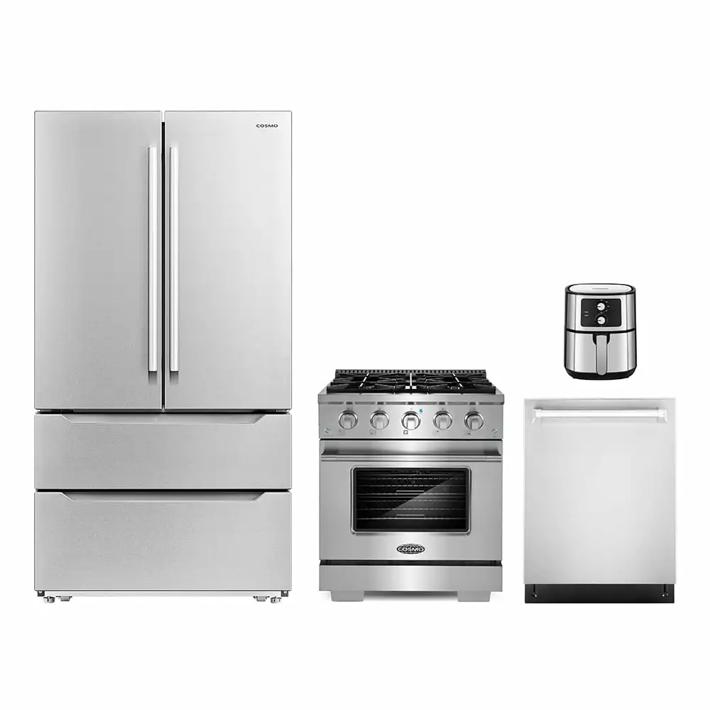 4 Piece Kitchen Package with 5.5L Electric Hot Air Fryer 30 Freestanding Gas Range 24 Built-in Fully Integrated Dishwasher & French Door Refrigerator