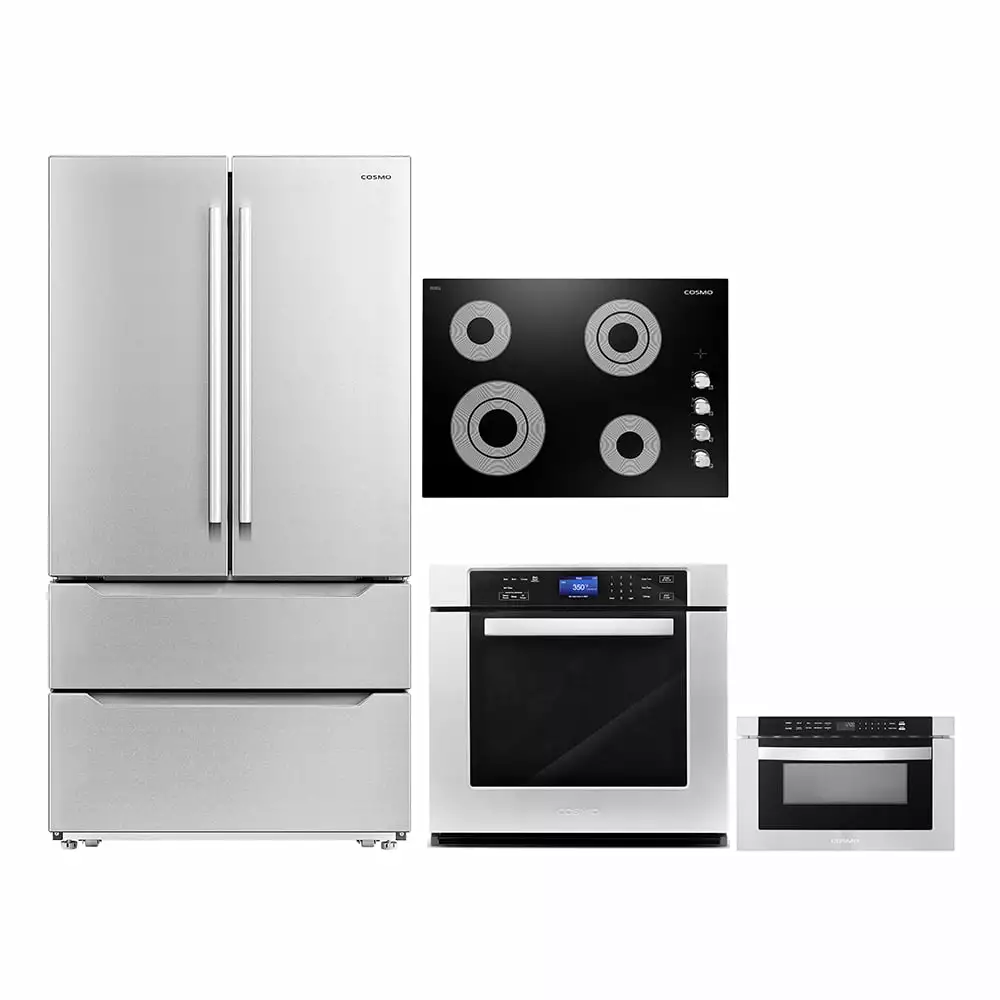 Cosmo 4 Piece Kitchen Appliance Package 30 Electric Cooktop 30 Single Electric Wall Oven 24 Built-In Microwave Drawer & French Door Refrigerator Kitchen Appliance Bundles