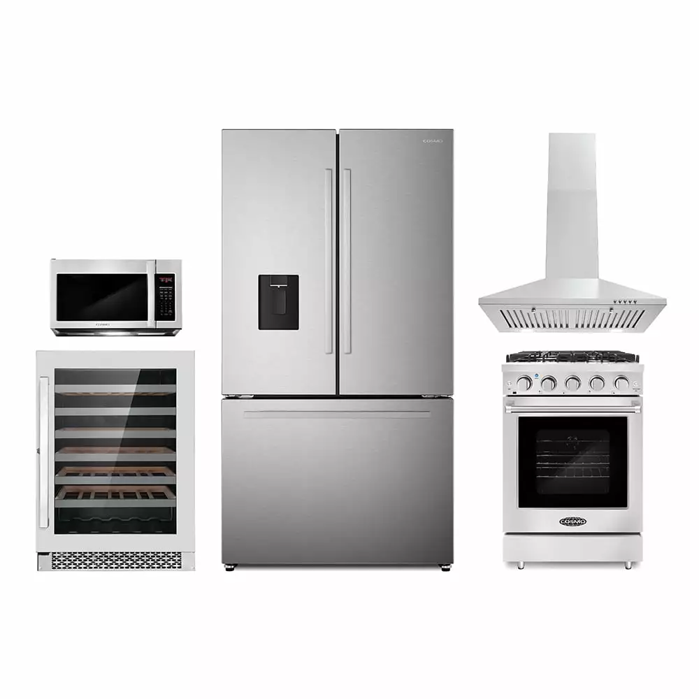 5 Piece Kitchen Package With 24 Freestanding Gas Range 24 Wall Mount Range Hood 30 Over-the-range Microwave French Door Refrigerator & 48 Bottle Wine Refrigerator