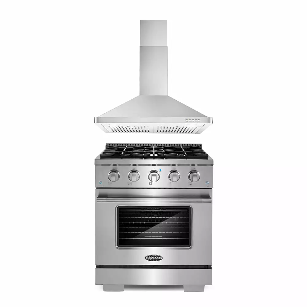 Cosmo 2 Piece Kitchen Appliance Packages with 30 Freestanding Gas Range Kitchen Stove & 30 Wall Mount Range Hood Kitchen Hood Kitchen Appliance Bundles