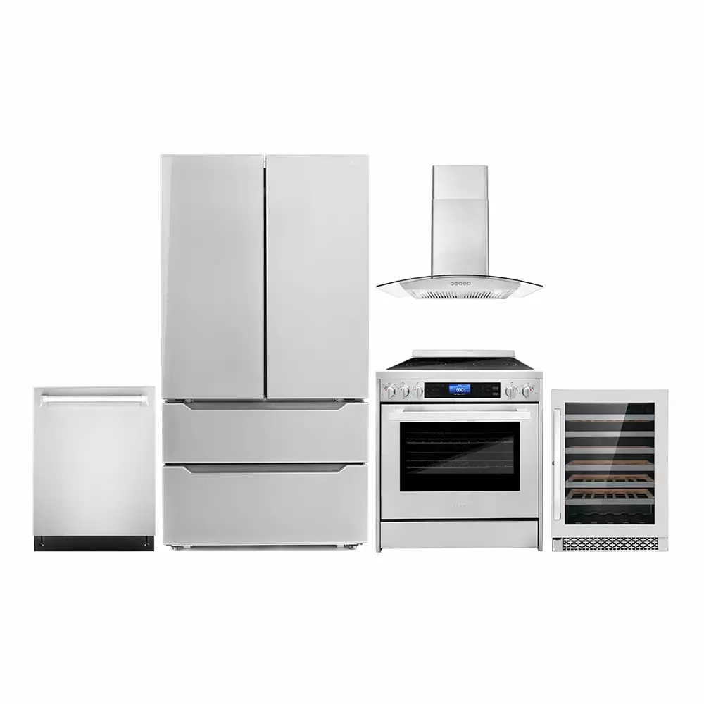 Cosmo 5 Piece Kitchen Appliance Packages with 30 Freestanding Electric Range 30 Wall Mount Range Hood 24 Built-in Fully Integrated Dishwasher French Door Refrigerator & 48 Bottle Wine Refrigerator